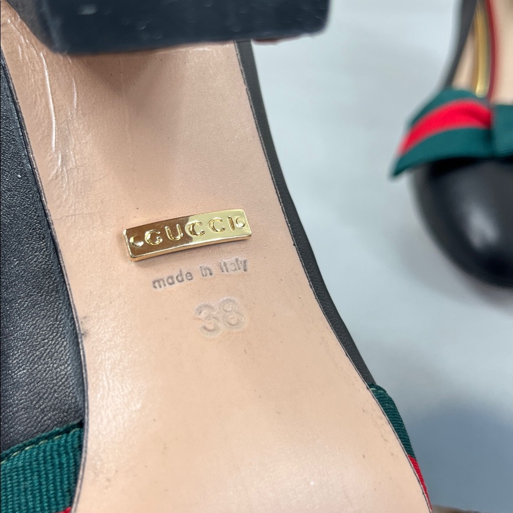 Gucci Aline Black Grosgrain Ribbon Gold Star Curved Block Heel Pumps - Picture 8 of 9